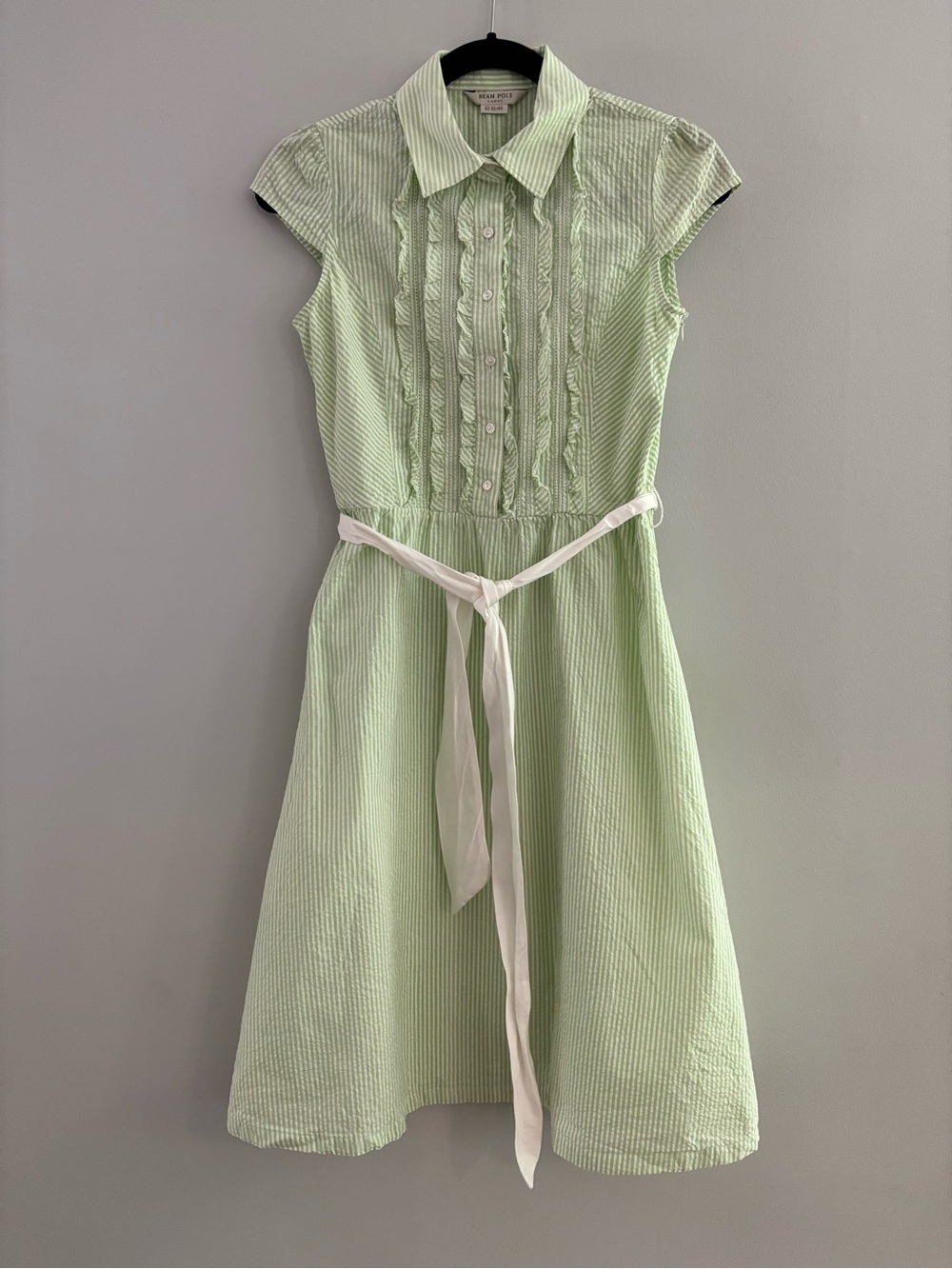 Bean Pole Korean Designer Green White Striped Ruffle Shirtdress Belted Size S